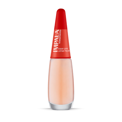 A 7.5 ml bottle of IMPALA Treatment Strengthening Base Coat for Weak Nails by Impala, featuring a red cap and frosted glass body labeled "base para unhas fracas," displayed against a plain white background.