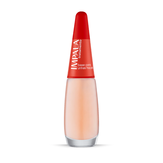 A 7.5 ml bottle of IMPALA Treatment Strengthening Base Coat for Weak Nails by Impala, featuring a red cap and frosted glass body labeled "base para unhas fracas," displayed against a plain white background.