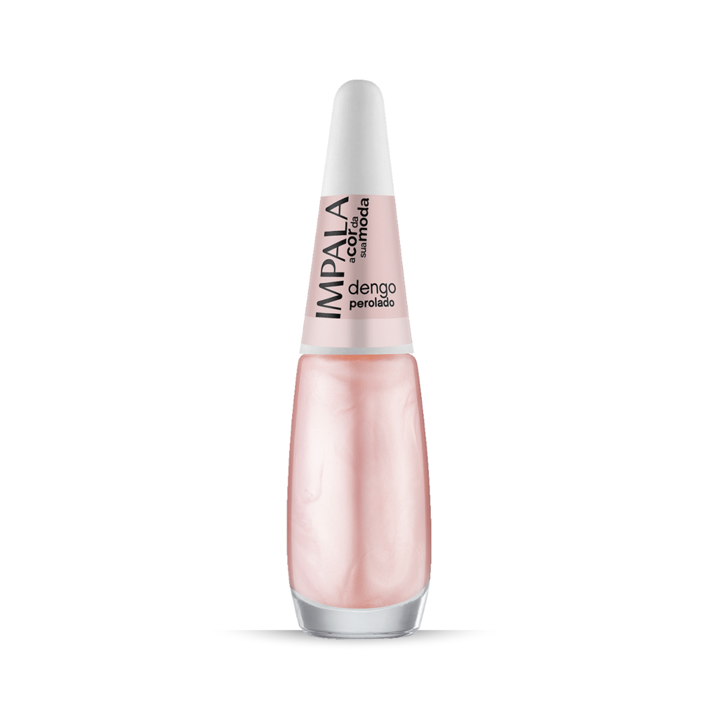 A 7.5 ml bottle of Impala Regular Nail Polish Pearlescent Soft Rosé "Dengo Perolado" features a light pink shade, white cap, and black label text. The long-lasting polish stands upright on a white background.