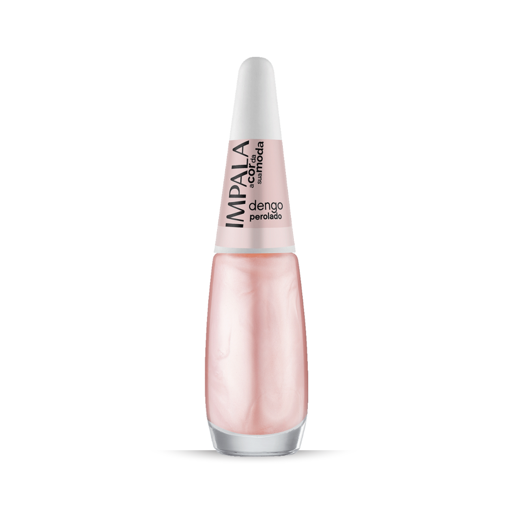 A 7.5 ml bottle of Impala Regular Nail Polish Pearlescent Soft Rosé "Dengo Perolado" features a light pink shade, white cap, and black label text. The long-lasting polish stands upright on a white background.