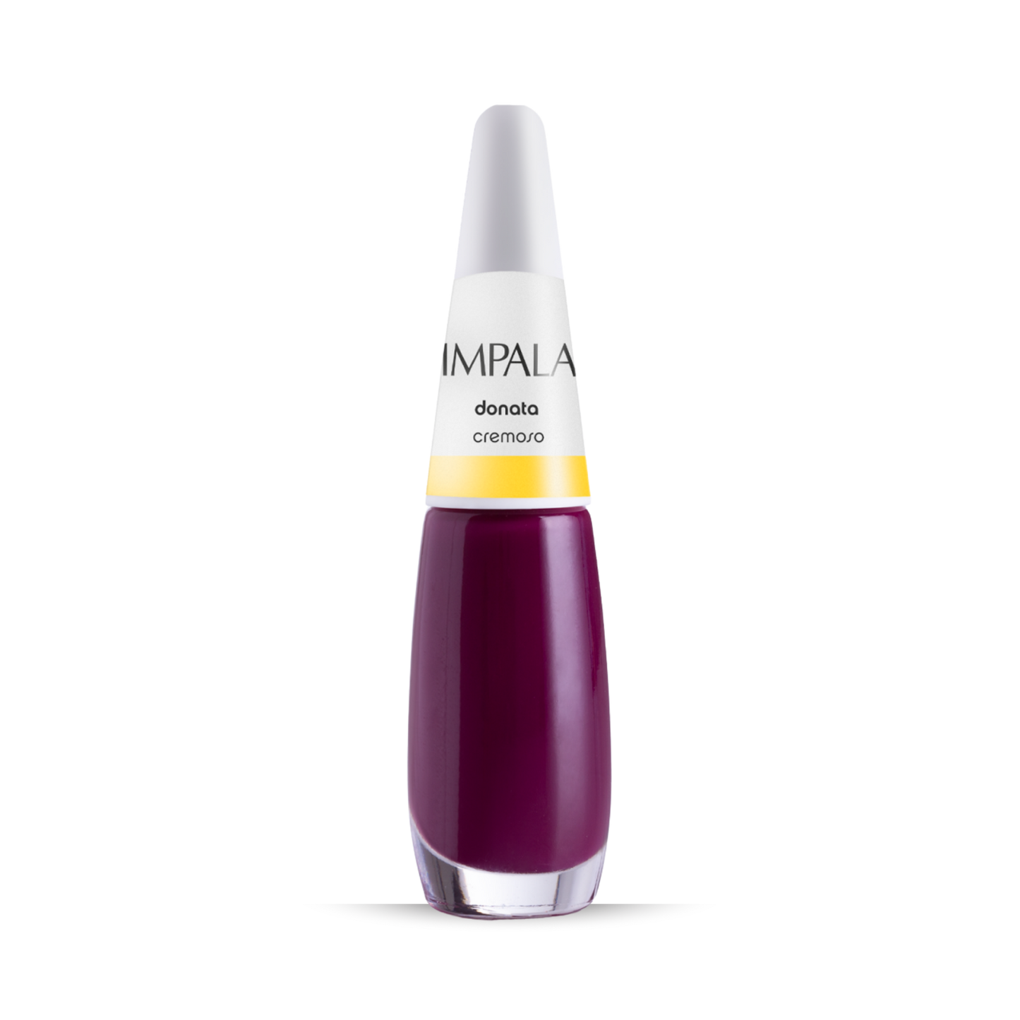 Impala Regular Nail Polish Creamy Wine Purple Donata 7.5 ml stands upright on a white background, showcasing its classic Brazilian style with a sleek white cap and distinctive white-and-yellow label.