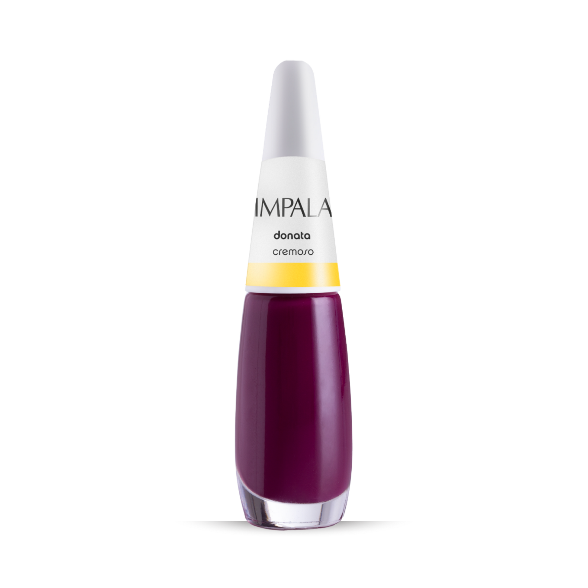 Impala Regular Nail Polish Creamy Wine Purple Donata 7.5 ml stands upright on a white background, showcasing its classic Brazilian style with a sleek white cap and distinctive white-and-yellow label.