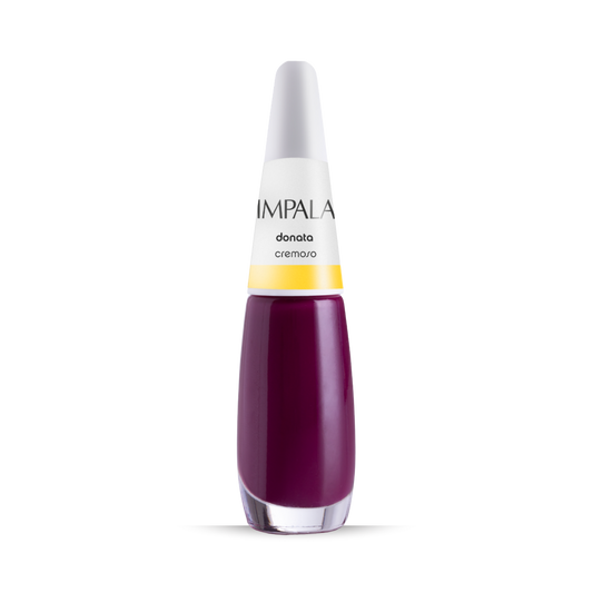 Impala Regular Nail Polish Creamy Wine Purple Donata 7.5 ml stands upright on a white background, showcasing its classic Brazilian style with a sleek white cap and distinctive white-and-yellow label.