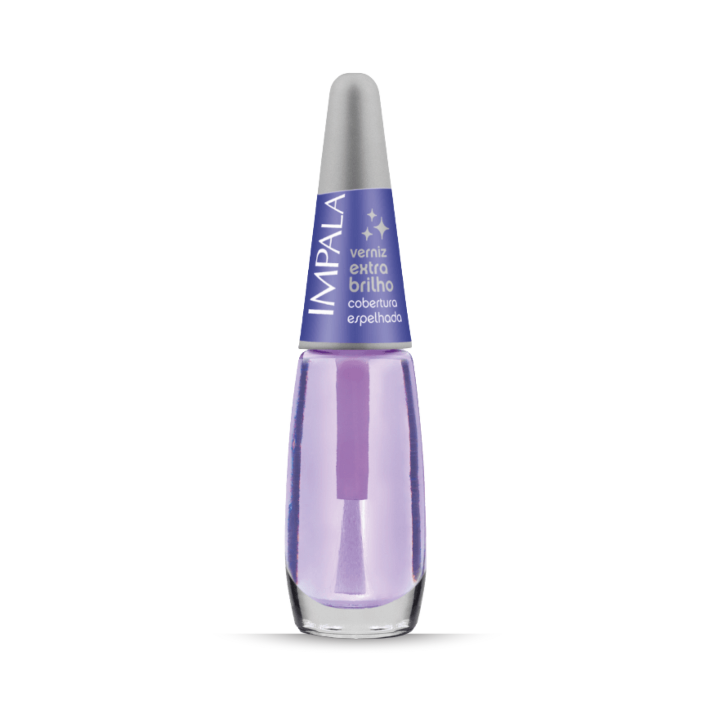 Nail polish bottle with purple liquid and silver cap on a white background