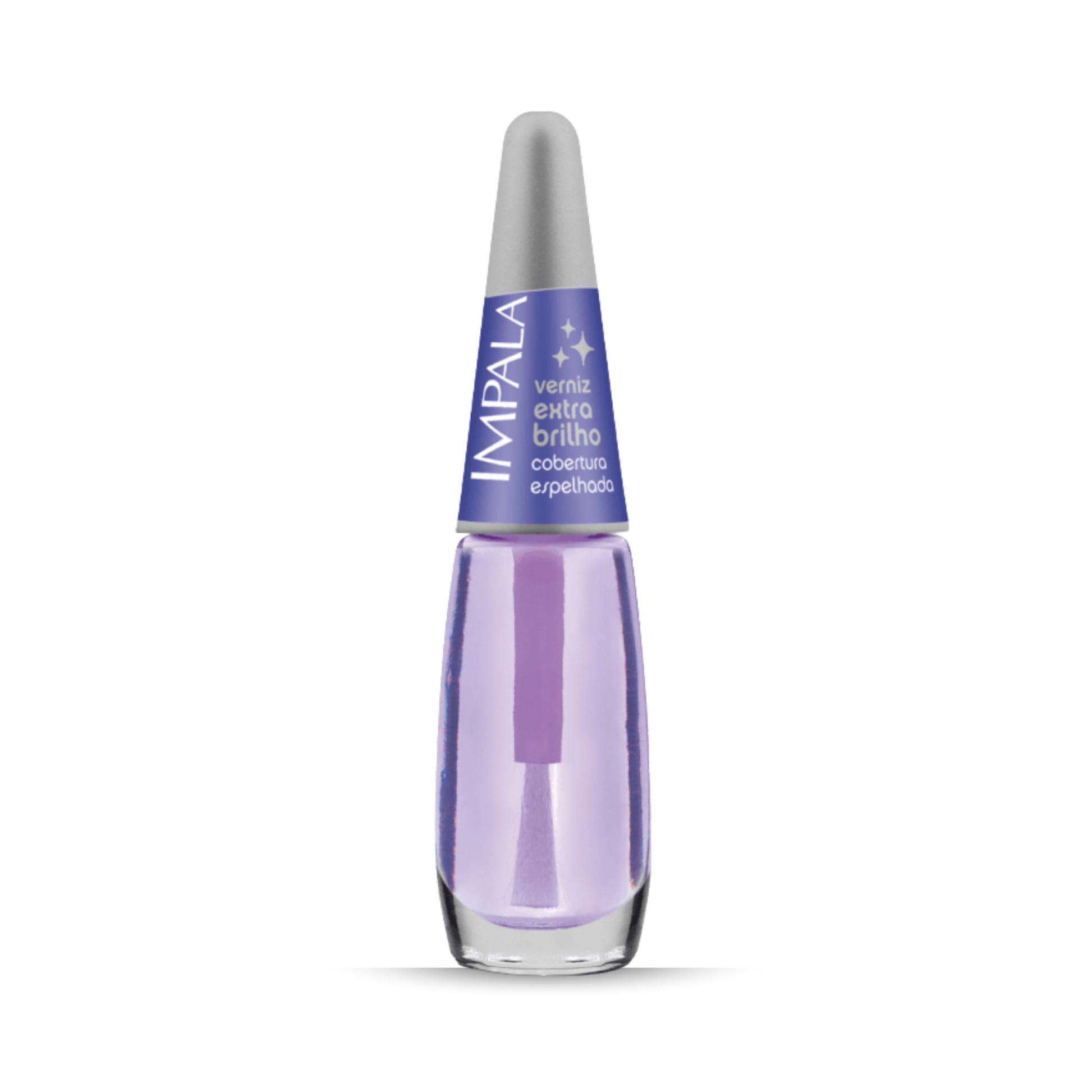 Nail polish bottle with purple liquid and silver cap on a white background