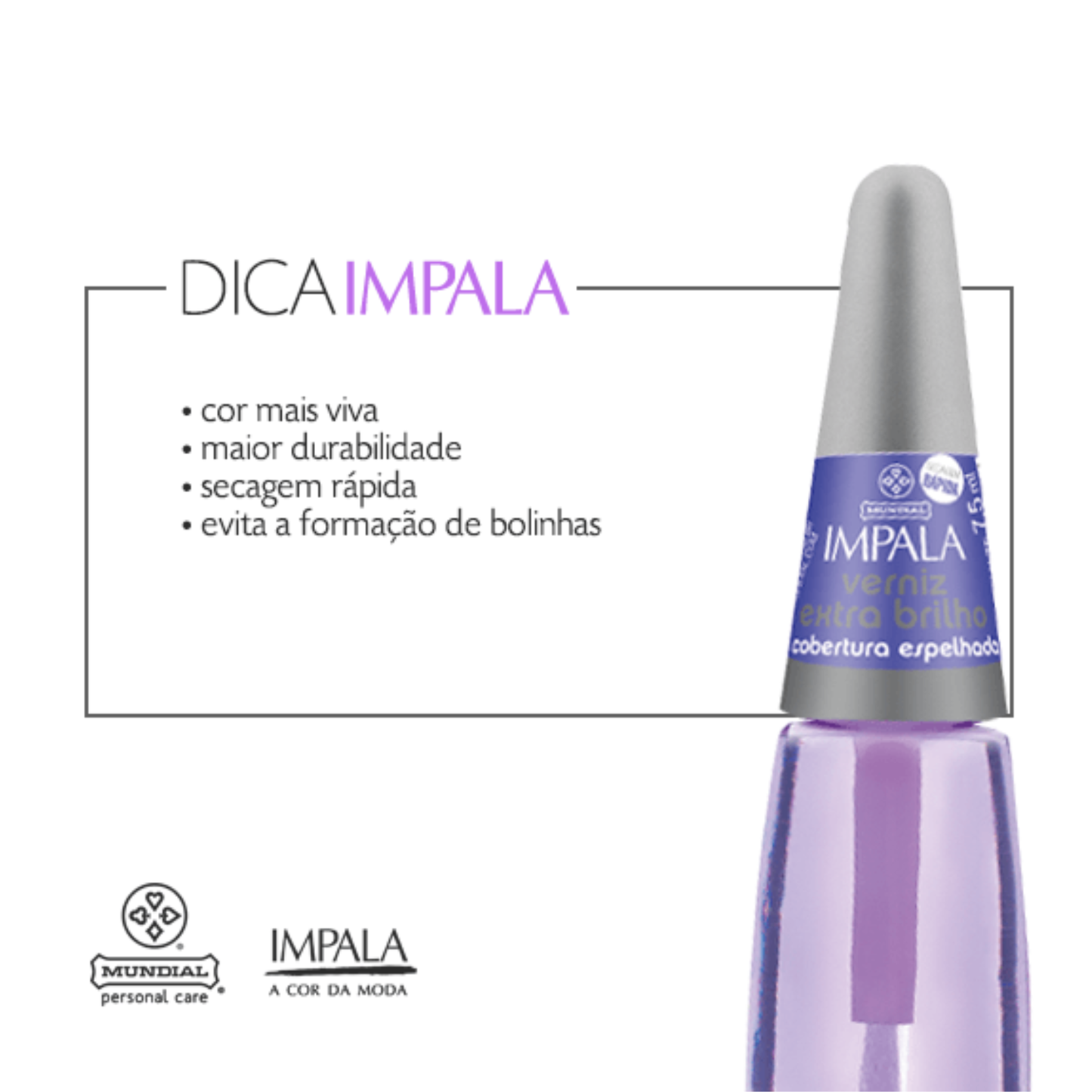 Impala nail polish bottle with purple polish and silver cap on a white background