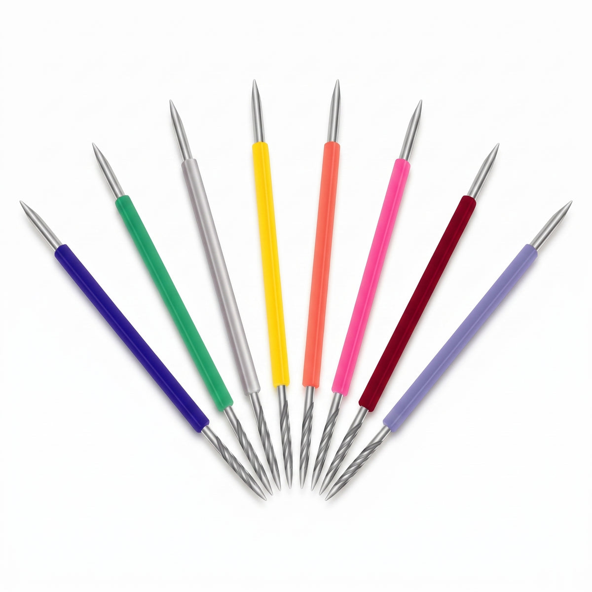 Eight ISIS CUTELARIA Toothpick Double-End Sticks with pointed tips and pushers (Palito Bastao Cores) by Isis Cutelaria, featuring colorful handles, are neatly arranged in a fan shape on a white background.