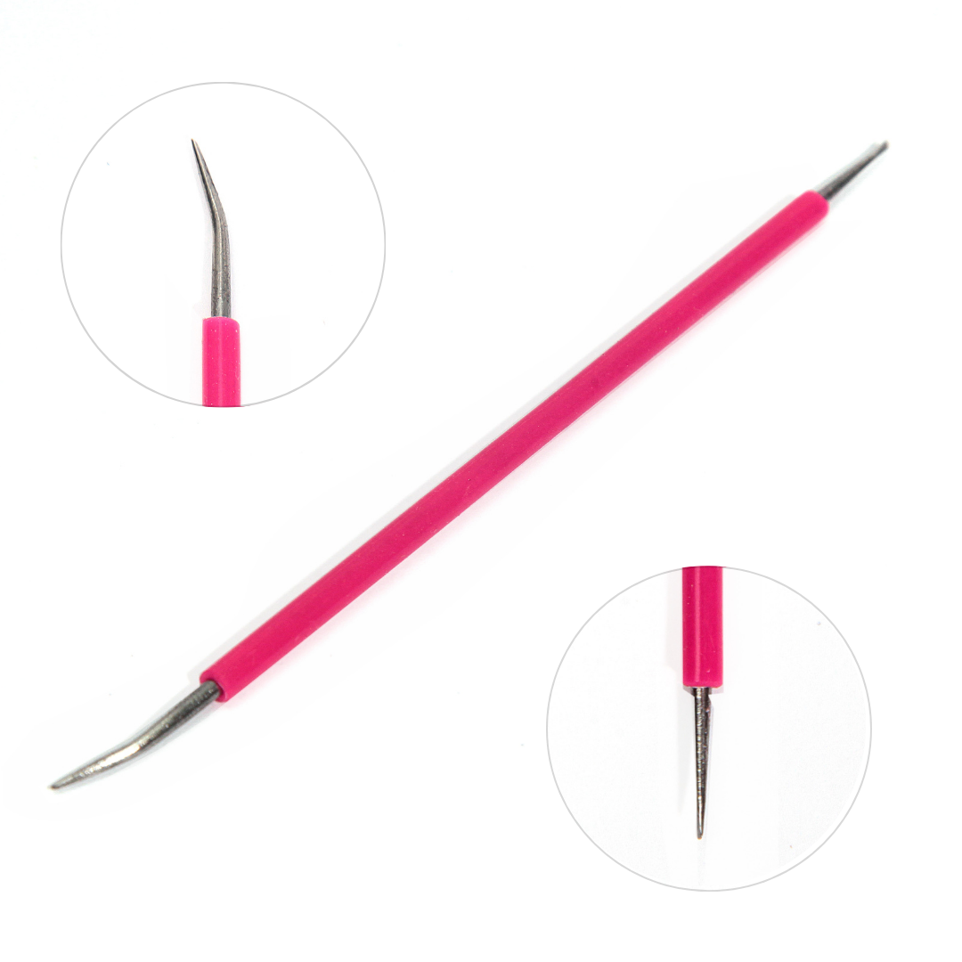 A red-handled precision tool, perfect for cuticle care, features a sharp, pointed metal end and a curved metal end. Close-up insets reveal one straight, needle-like point and one slightly curved, sharp point designed for fine work such as addressing ingrown nails. This is the ISIS CUTELARIA Stainless Steel Precision Pusher for Ingrown Nails by Isis Cutelaria.