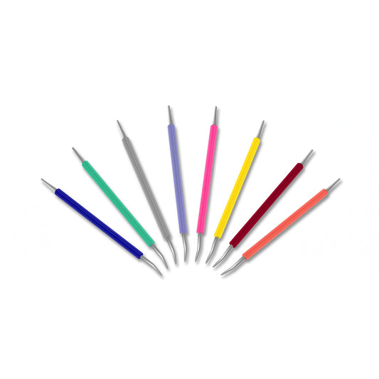 Eight ISIS CUTELARIA Stainless Steel Precision Pushers for Ingrown Nails (Palito Desencravador Cores) by Isis Cutelaria, each featuring a different colored handle, are arranged in a fan shape on a white background. These double-ended metal tools are inspired by the Brazilian palito manicure tradition and are expertly designed for precise cuticle care and effective use as ingrown nail tools.