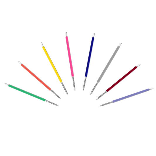 Eight vibrant ISIS CUTELARIA styluses, featuring a sleek stainless steel build and silicone covers, are arranged in a semi-circle on a black background. Available in red, green, yellow, pink, blue, gray, wine red, and purple with metallic ends and white tips from the Isis Cutelaria brand.