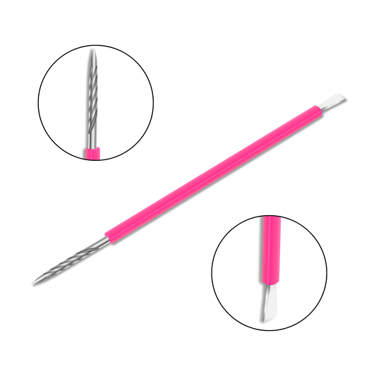 The ISIS CUTELARIA Pusher and Stick by Isis Cutelaria features a stainless steel spiral drill and flat metal scraper with a pink handle. Two separate tool tips rest on a black background next to the sleek cuticle pusher, which has a silicone cover for added grip.