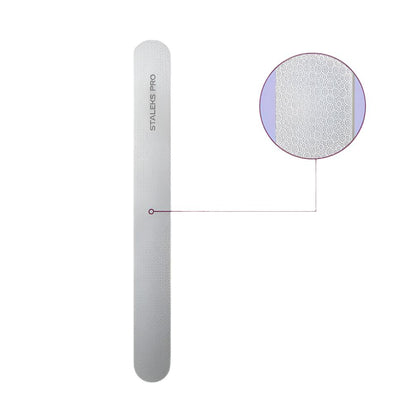 A white Staleks PRO Laser Nail File EXPERT 10, 165 mm, is shown with a circular close-up of its textured surface, perfect for professional manicures and pedicures. The plain background highlights the branded file.