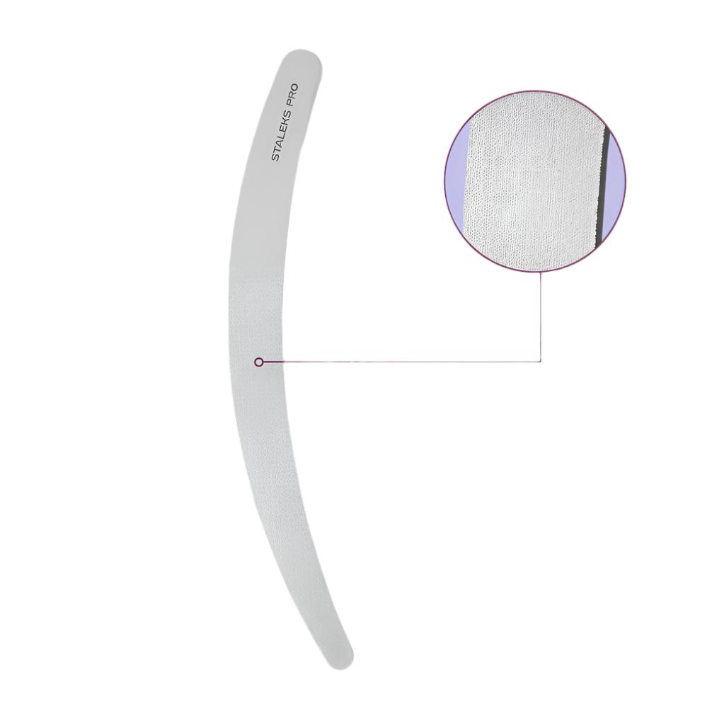The STALEKS PRO Laser Nail File EXPERT 10 (170 mm, curved) by Staleks features a white finish and close-up of its fine grit abrasive surface for long-lasting use.