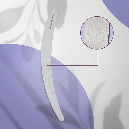 The STALEKS PRO Laser Nail File EXPERT 10 170 mm (Curved) by Staleks is a gray stainless steel file, shown on a purple and white background with shadows. A circular inset highlights its textured surface and long-lasting durability.