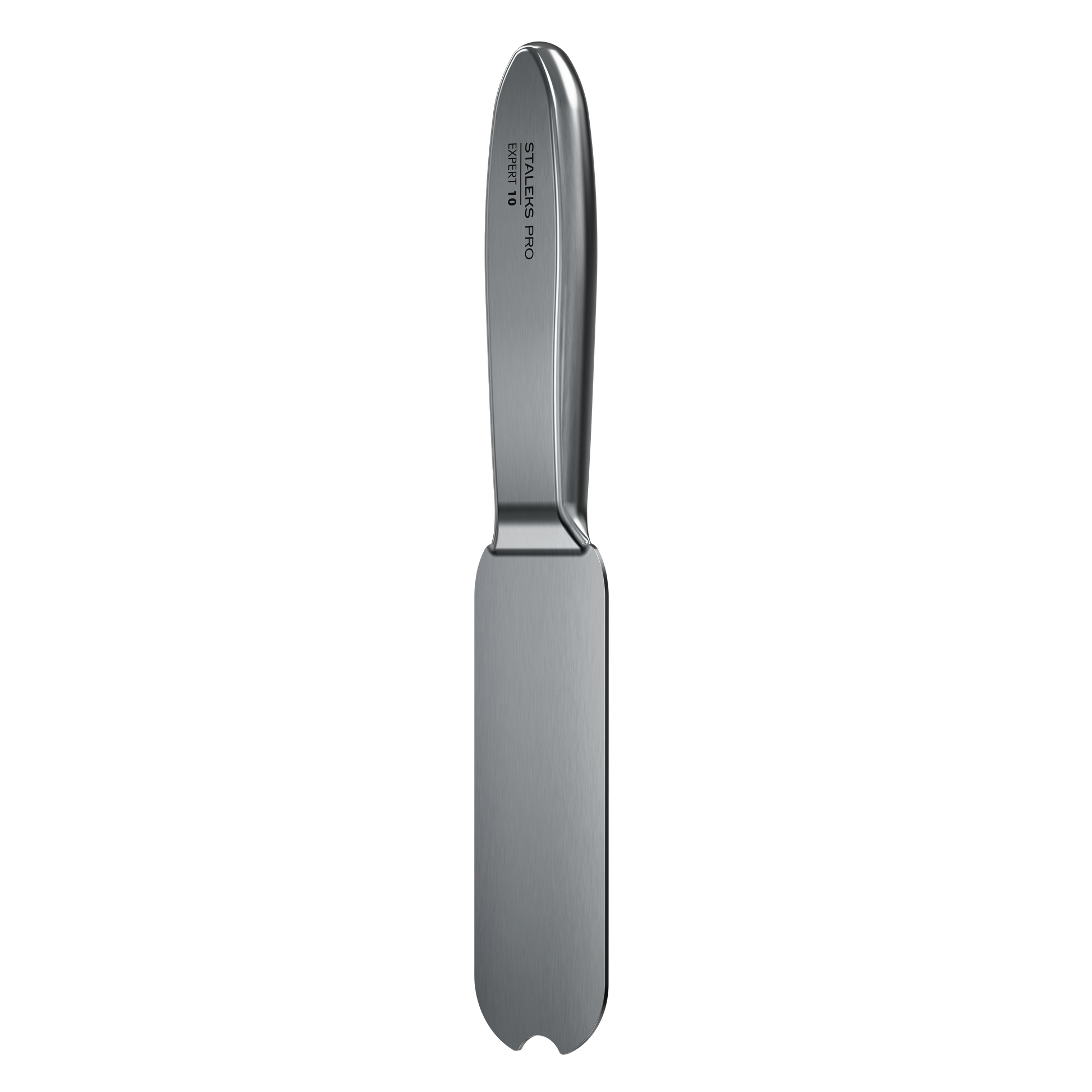 The Staleks PRO Metal Base for Pedicure Grater EXPERT 10 features a stainless steel build with a rounded handle and flat, rectangular blade. "STAINLESS PRO ELITE 10" is engraved on the handle, shown against a black background.