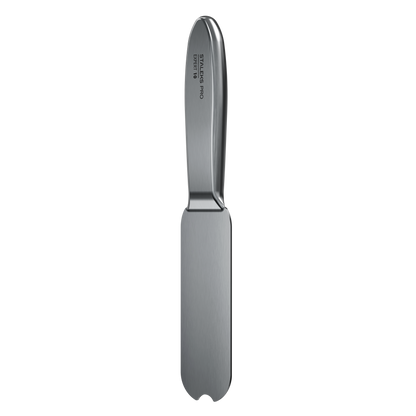 The Staleks PRO Metal Base for Pedicure Grater EXPERT 10 features a stainless steel build with a rounded handle and flat, rectangular blade. "STAINLESS PRO ELITE 10" is engraved on the handle, shown against a black background.