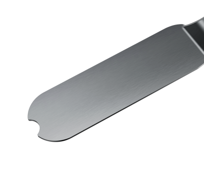A close-up of the STALEKS PRO Metal Base for Pedicure Grater EXPERT 10 by Staleks, a flat stainless steel tool with a straight edge, rounded end, and small notch near the tip, shown against a black background.