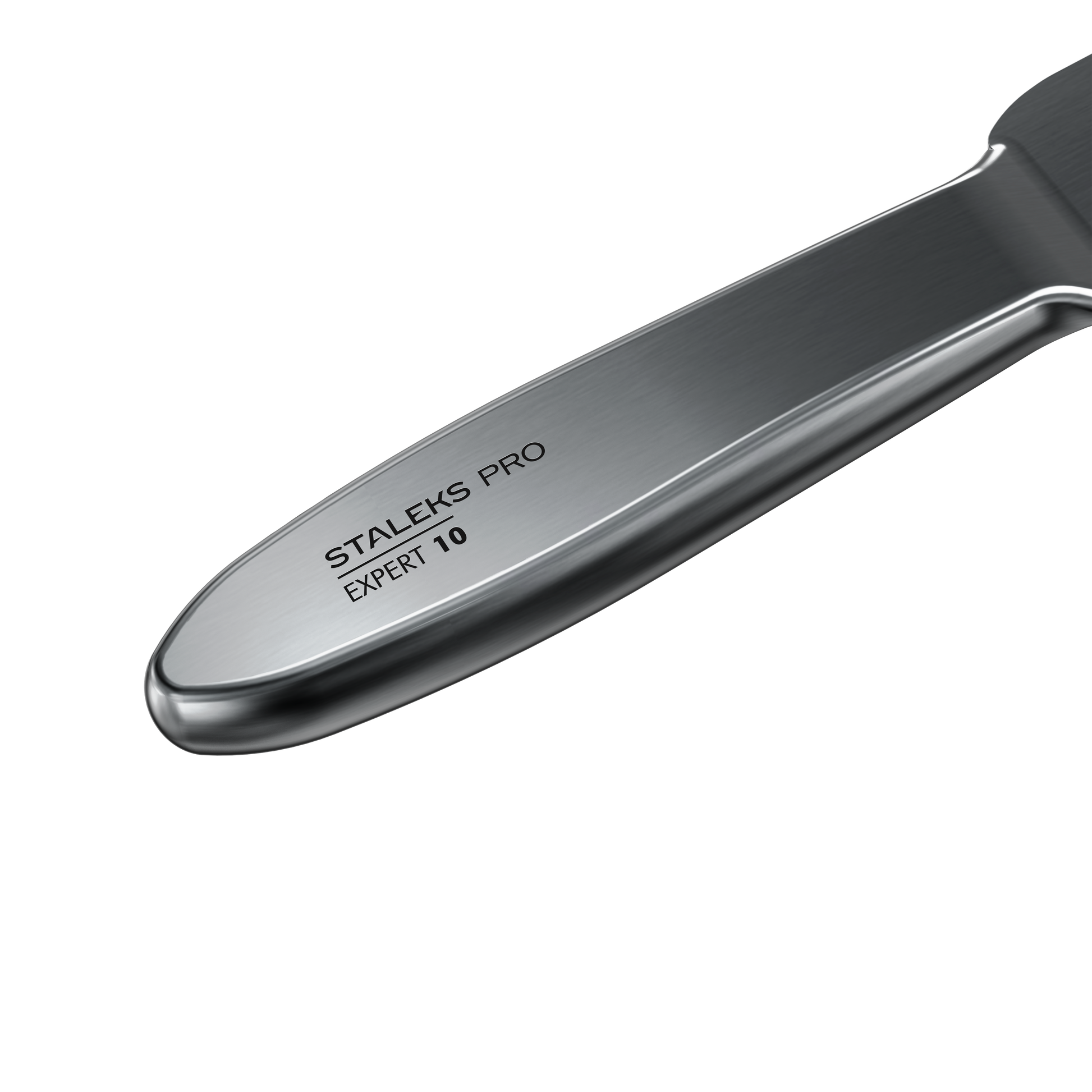 Close-up of the STALEKS PRO Metal Base for Pedicure Grater EXPERT 10 by Staleks, featuring engraved text on its stainless steel handle, displayed against a black background.