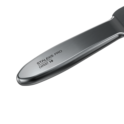 Close-up of the STALEKS PRO Metal Base for Pedicure Grater EXPERT 10 by Staleks, featuring engraved text on its stainless steel handle, displayed against a black background.