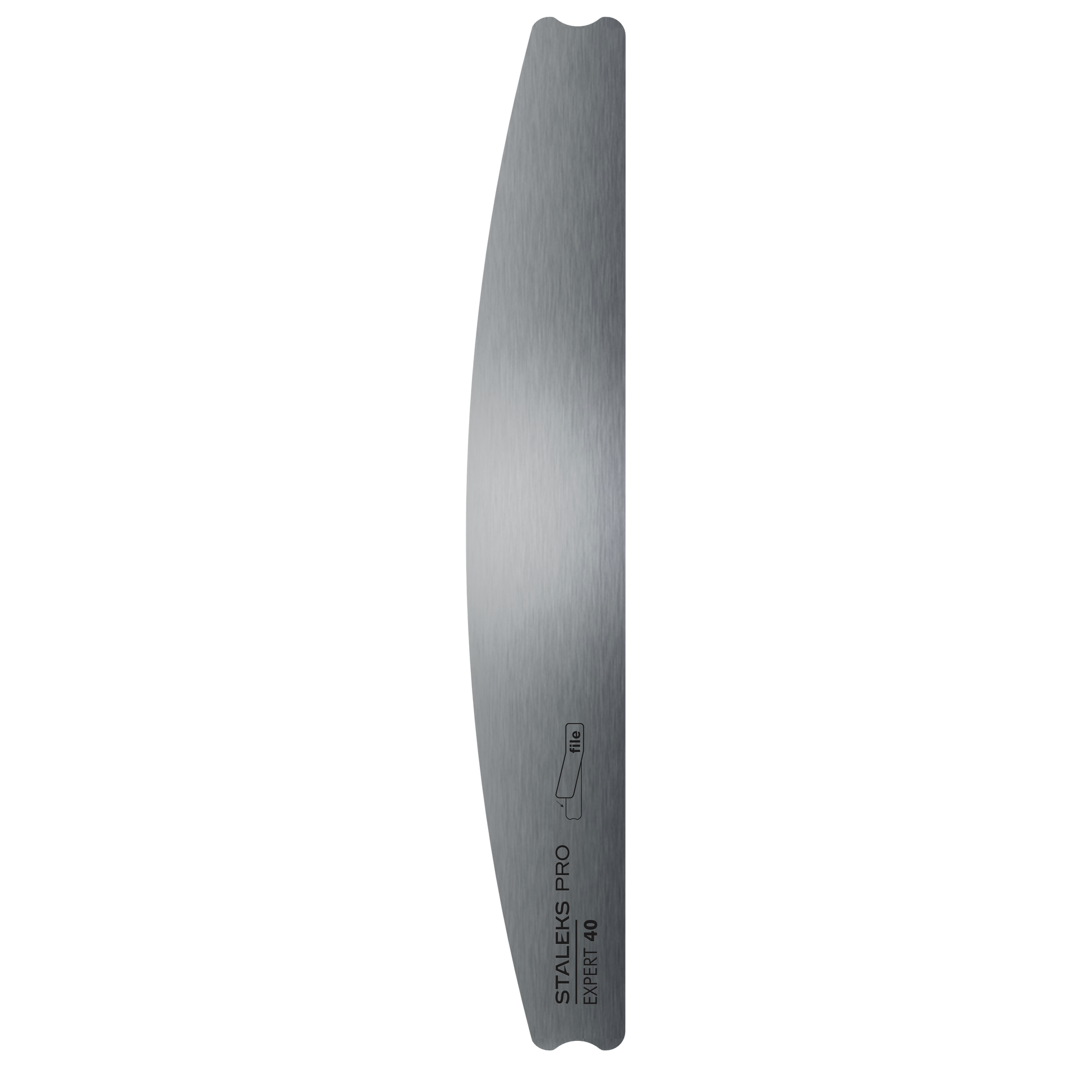 The STALEKS PRO Crescent Metal Base For Nail File EXPERT 40 by Staleks is a stainless steel, straight, curved-edge replacement base with engraved labeling, designed for use with metal nail files, shown against a black background.