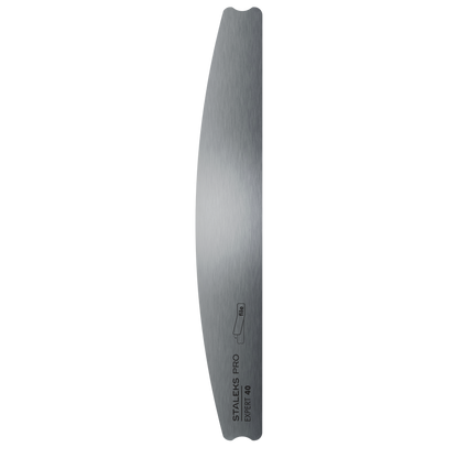 The STALEKS PRO Crescent Metal Base For Nail File EXPERT 40 by Staleks is a stainless steel, straight, curved-edge replacement base with engraved labeling, designed for use with metal nail files, shown against a black background.