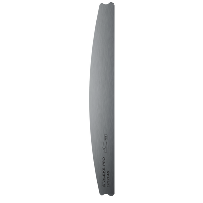 The STALEKS PRO Crescent Metal Base For Nail File EXPERT 40 by Staleks, a single curved stainless steel base with engraved text and a small icon near the edge, is shown from the side against a black background.