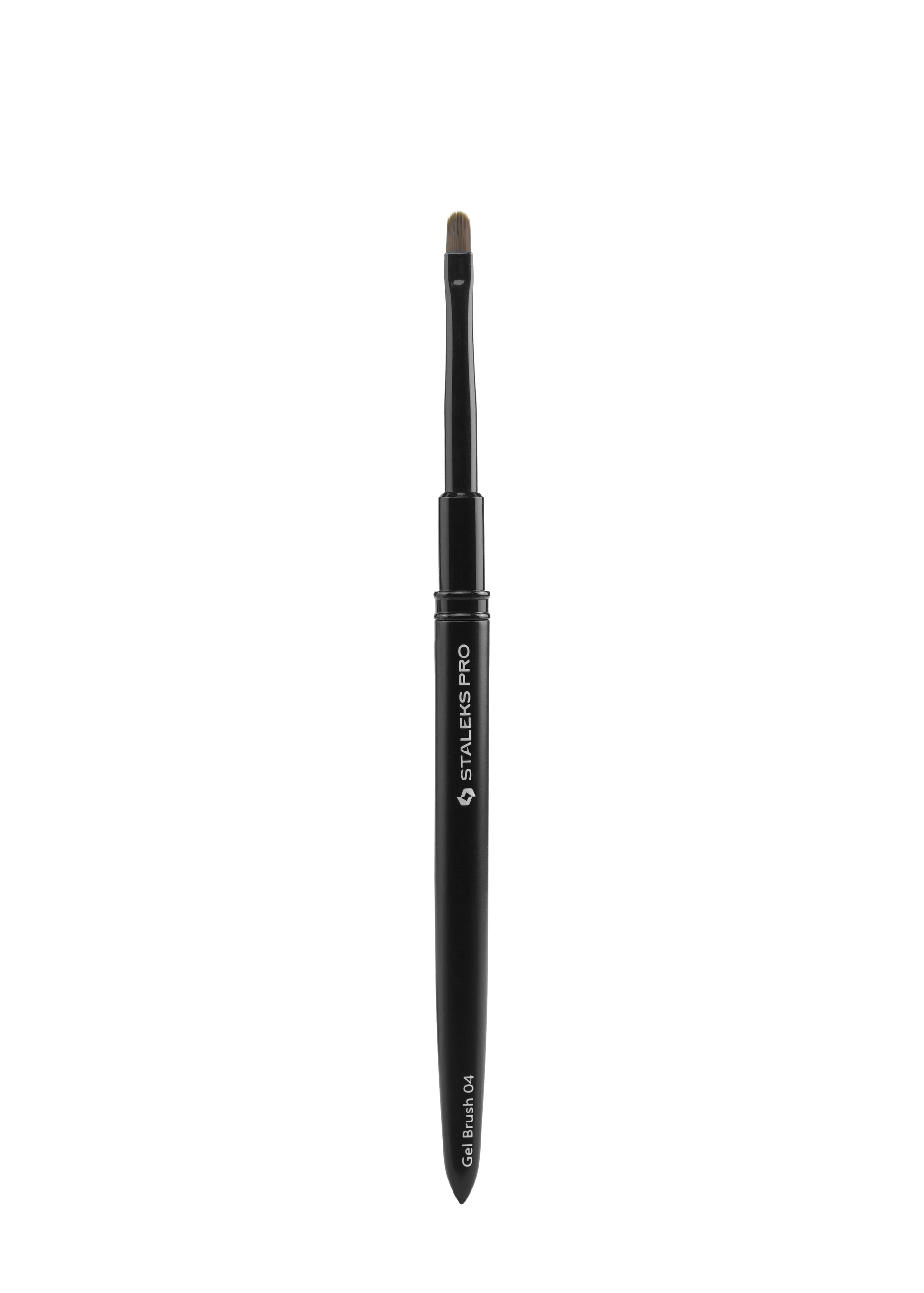The Staleks STALEKS PRO Brush For Gel EXPERT (4 mm width, 7 mm length) features a small, flat, rounded black synthetic bristle head and an aluminum handle with "STAY CLASSY PRO," shown vertically against a plain background.