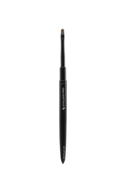 The Staleks STALEKS PRO Brush For Gel EXPERT (4 mm width, 7 mm length) features a small, flat, rounded black synthetic bristle head and an aluminum handle with "STAY CLASSY PRO," shown vertically against a plain background.