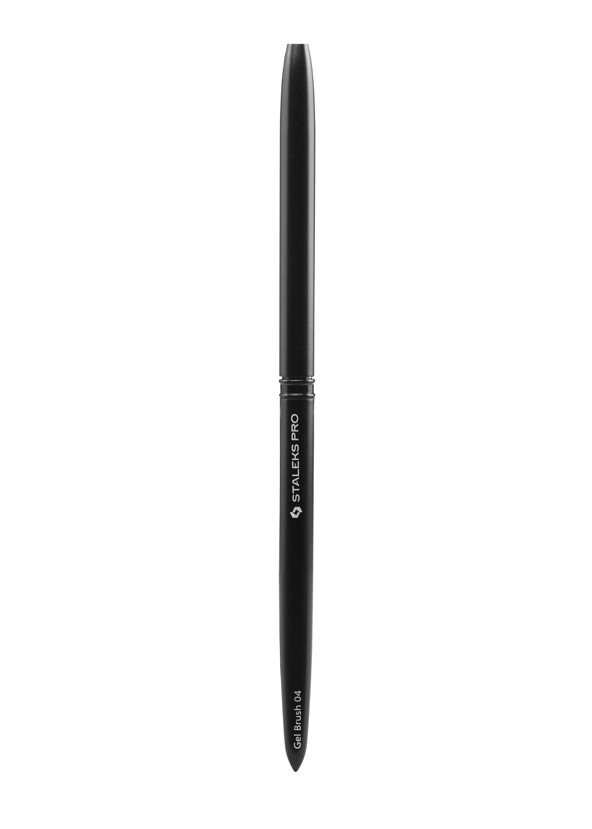 A STALEKS PRO Brush For Gel EXPERT, 4 mm wide and 7 mm long, is shown vertically. The brush features the Staleks brand name and a sleek aluminium handle for precision and comfort.