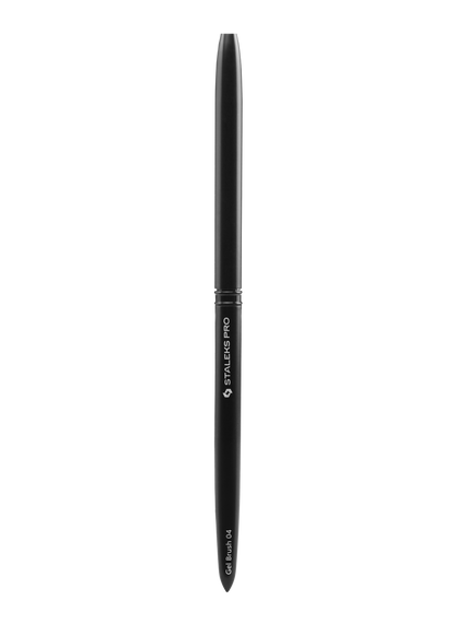 A STALEKS PRO Brush For Gel EXPERT, 4 mm wide and 7 mm long, is shown vertically. The brush features the Staleks brand name and a sleek aluminium handle for precision and comfort.
