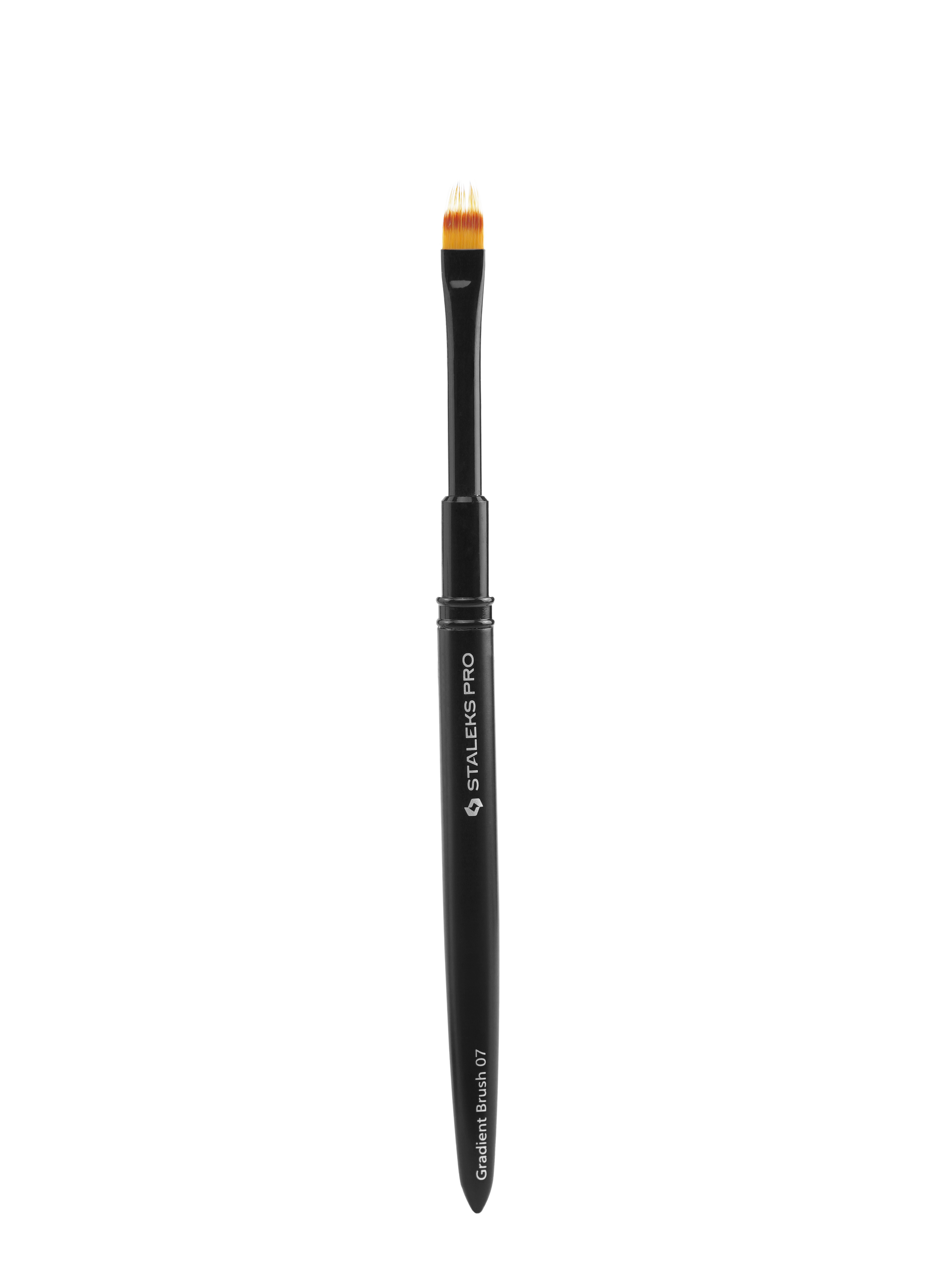 The Staleks PRO Brush For Gradient EXPERT (7mm x 11mm) by Staleks features a black handle and oval, flat head with yellow and white synthetic bristles for precise makeup application, shown upright on a plain background.