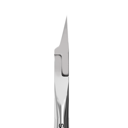 Close-up of a sharp surgical scalpel blade, shown with STALEKS PRO Professional Nippers For Ingrown Toenails EXPERT 61 12 mm by Staleks, used for precise ingrown nail treatment against a white background.