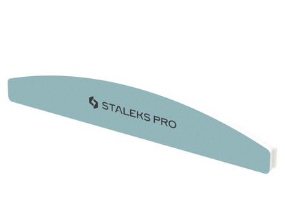 A light blue, crescent-shaped STALEKS PRO Polishing Buff Expert 41 (400/3000 grit), branded "Staleks" in black, for manicures and pedicures, isolated on a white background.