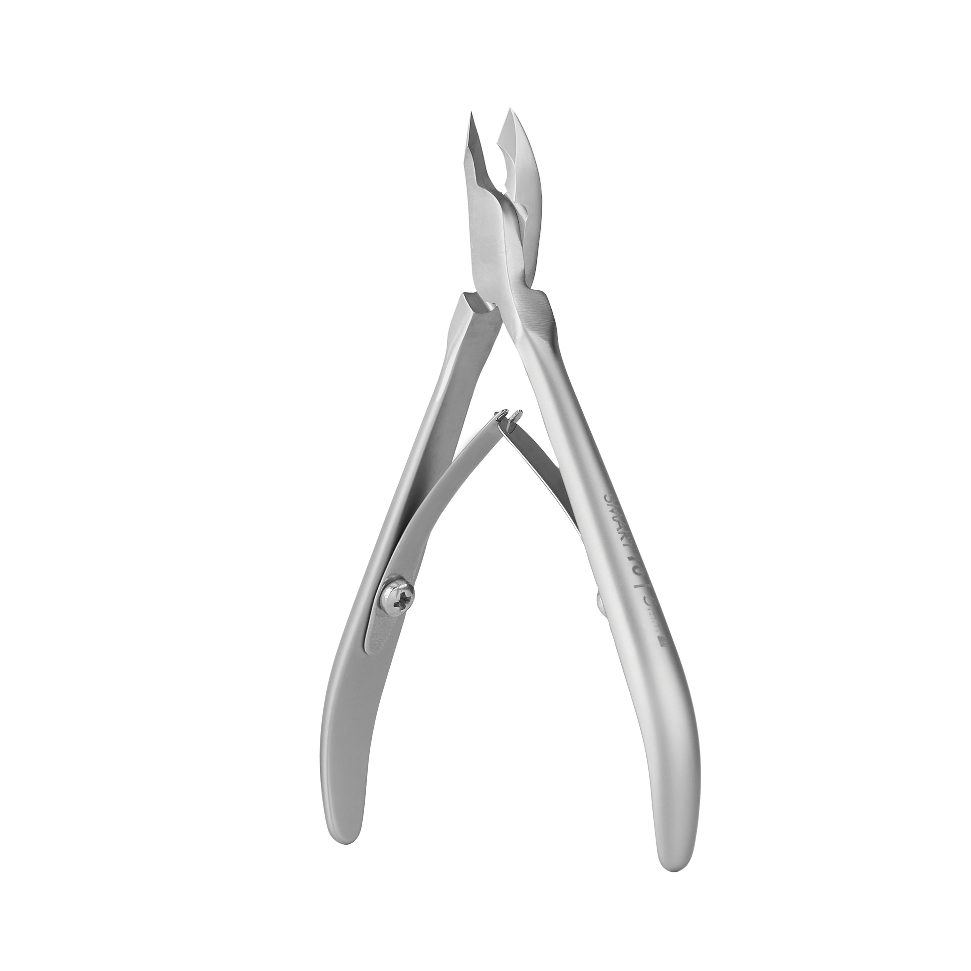 The STALEKS PRO Professional cuticle nippers SMART 10 5 mm, crafted by Staleks, feature sharp, angled blades and spring-loaded handles for expertly trimming cuticles and grooming nails, showcased against a black background.
