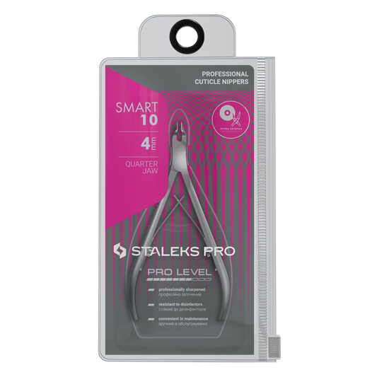 A package of STALEKS PRO Professional Cuticle Nippers SMART 10 by Staleks is displayed in a clear, gray and pink zipper pouch with visible branding and product info on the front.