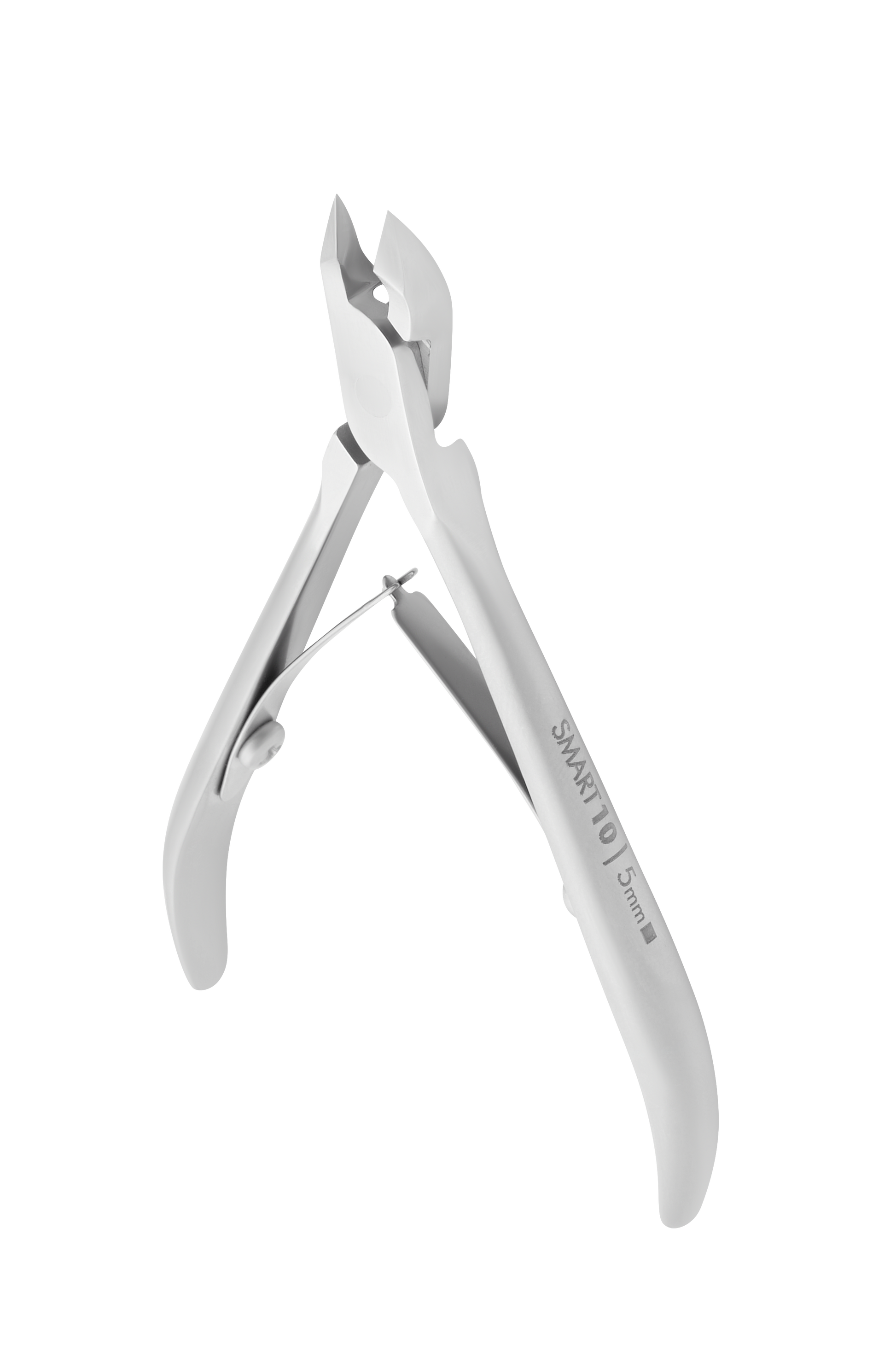 A pair of STALEKS PRO Professional cuticle nippers SMART 10 5 mm, featuring stainless steel construction with a spring mechanism and sharp, angled blades designed for precision nail cutting. These professional nippers by Staleks are slightly open against a plain black background.