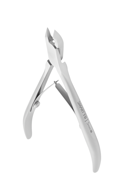 A pair of STALEKS PRO Professional cuticle nippers SMART 10 5 mm, featuring stainless steel construction with a spring mechanism and sharp, angled blades designed for precision nail cutting. These professional nippers by Staleks are slightly open against a plain black background.