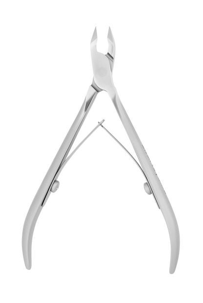 The STALEKS PRO Professional cuticle nippers SMART 10 5 mm by Staleks are showcased against a black background, highlighting their shiny stainless steel construction. These nippers feature sharp, curved blades and ergonomic handles designed for precise trimming of cuticles, making them ideal for professionals. Expertly manually sharpened to ensure lasting performance, these nippers are perfect for achieving precision cutting.