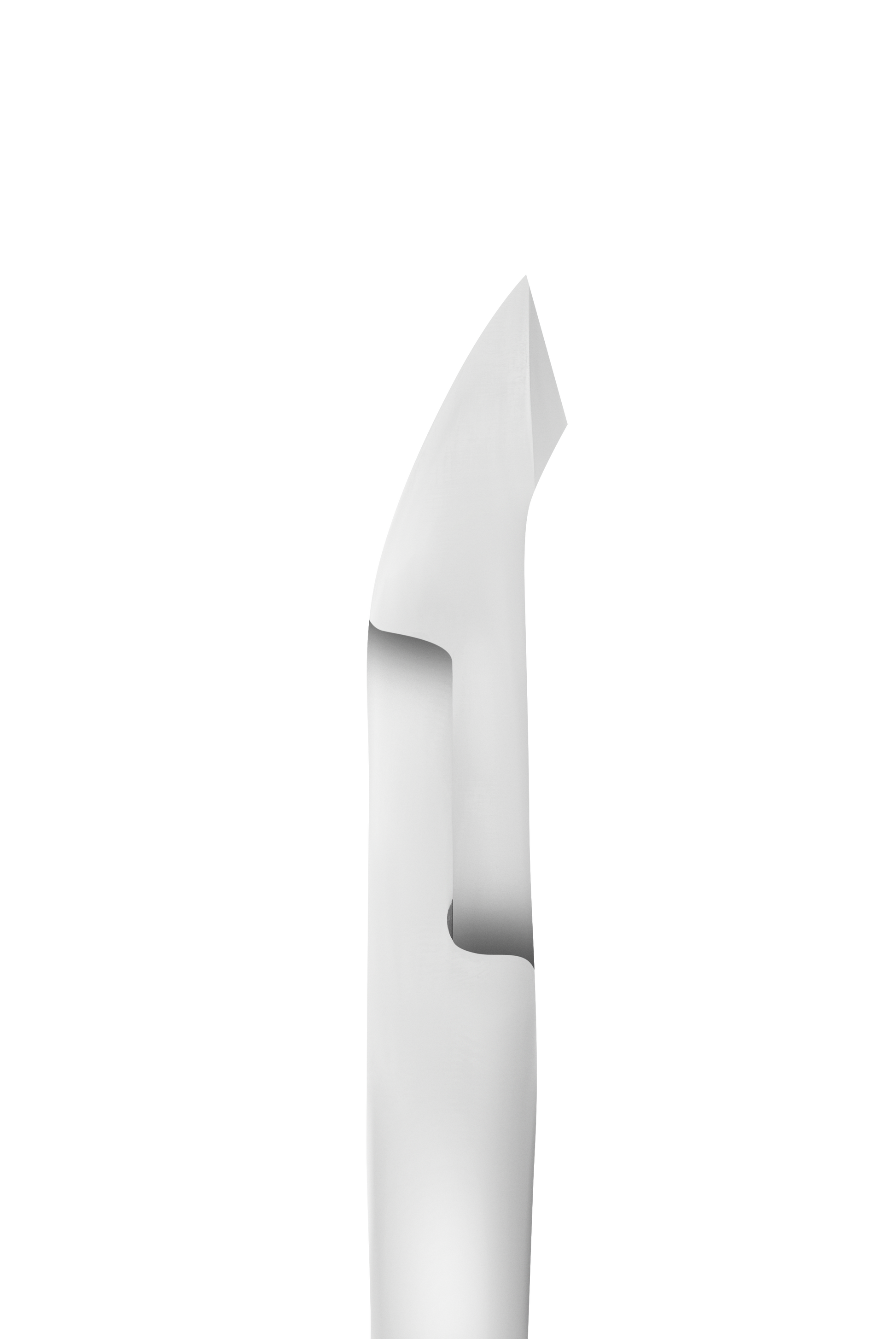 Experience the STALEKS PRO Professional cuticle nippers SMART 10 5 mm by Staleks, featuring a sleek and modern design crafted from stainless steel with smooth curves and sharp angles, set elegantly against a black backdrop.