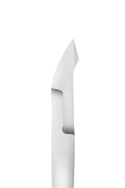 Experience the STALEKS PRO Professional cuticle nippers SMART 10 5 mm by Staleks, featuring a sleek and modern design crafted from stainless steel with smooth curves and sharp angles, set elegantly against a black backdrop.