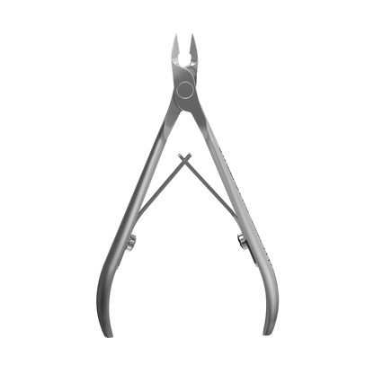 The STALEKS PRO Professional Cuticle Nippers SMART 11 (7 mm) by Staleks feature sharp, angled blades and ergonomic handles, standing upright against a black background—ideal for precise cuticle care.