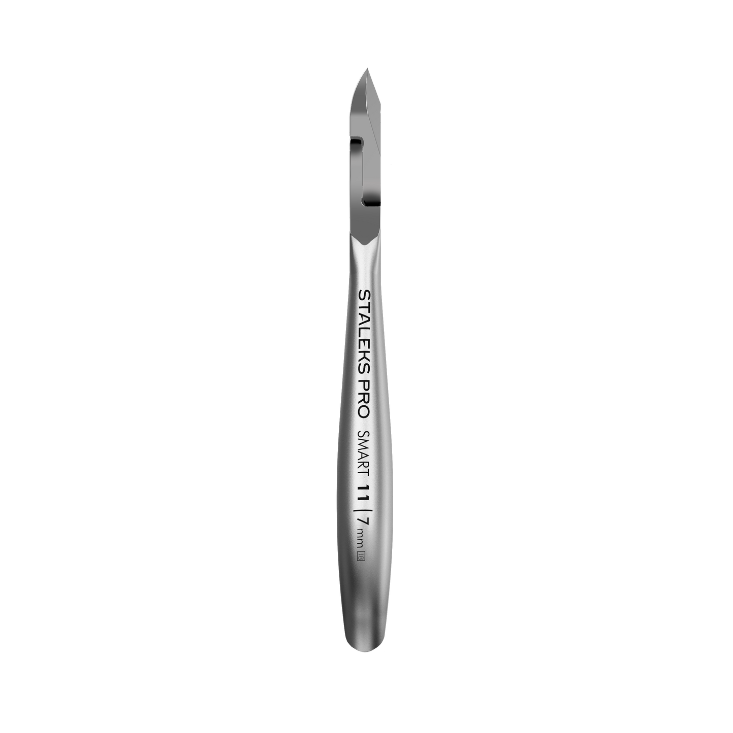 Shown against a black background, the STALEKS PRO Professional Cuticle Nippers SMART 11 7 mm by Staleks feature stainless steel construction, a satin finish, and an engraved handle for precise manicure care.