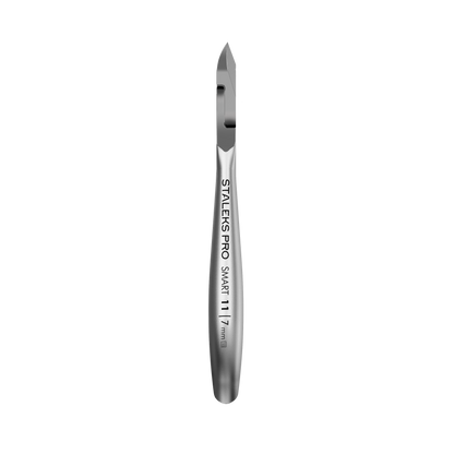 Shown against a black background, the STALEKS PRO Professional Cuticle Nippers SMART 11 7 mm by Staleks feature stainless steel construction, a satin finish, and an engraved handle for precise manicure care.