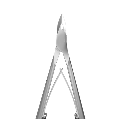 Close-up of STALEKS PRO Professional Cuticle Nippers SMART 11 (7 mm) by Staleks, in satin-finish stainless steel, shown upright with jaws facing upward against a solid black background.