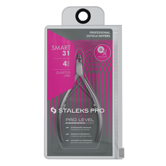 The STALEKS PRO Professional Cuticle Nippers SMART 31 4 mm by Staleks are shown in a clear case with pink and gray accents, made from high-alloy stainless steel, with product details displayed on the front.