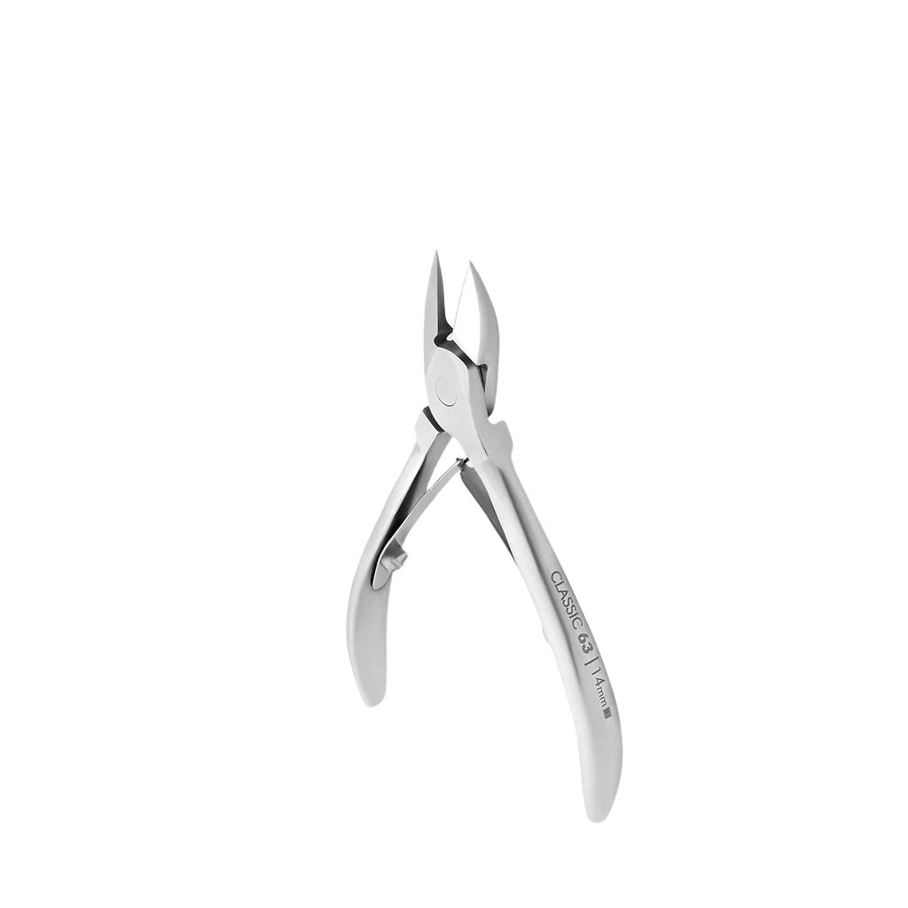 The STALEKS PRO Nail Nippers CLASSIC 63 (14 mm) by Staleks, featuring sharp stainless steel blades and curved handles for precise cuticle trimming, are displayed against a plain white background.