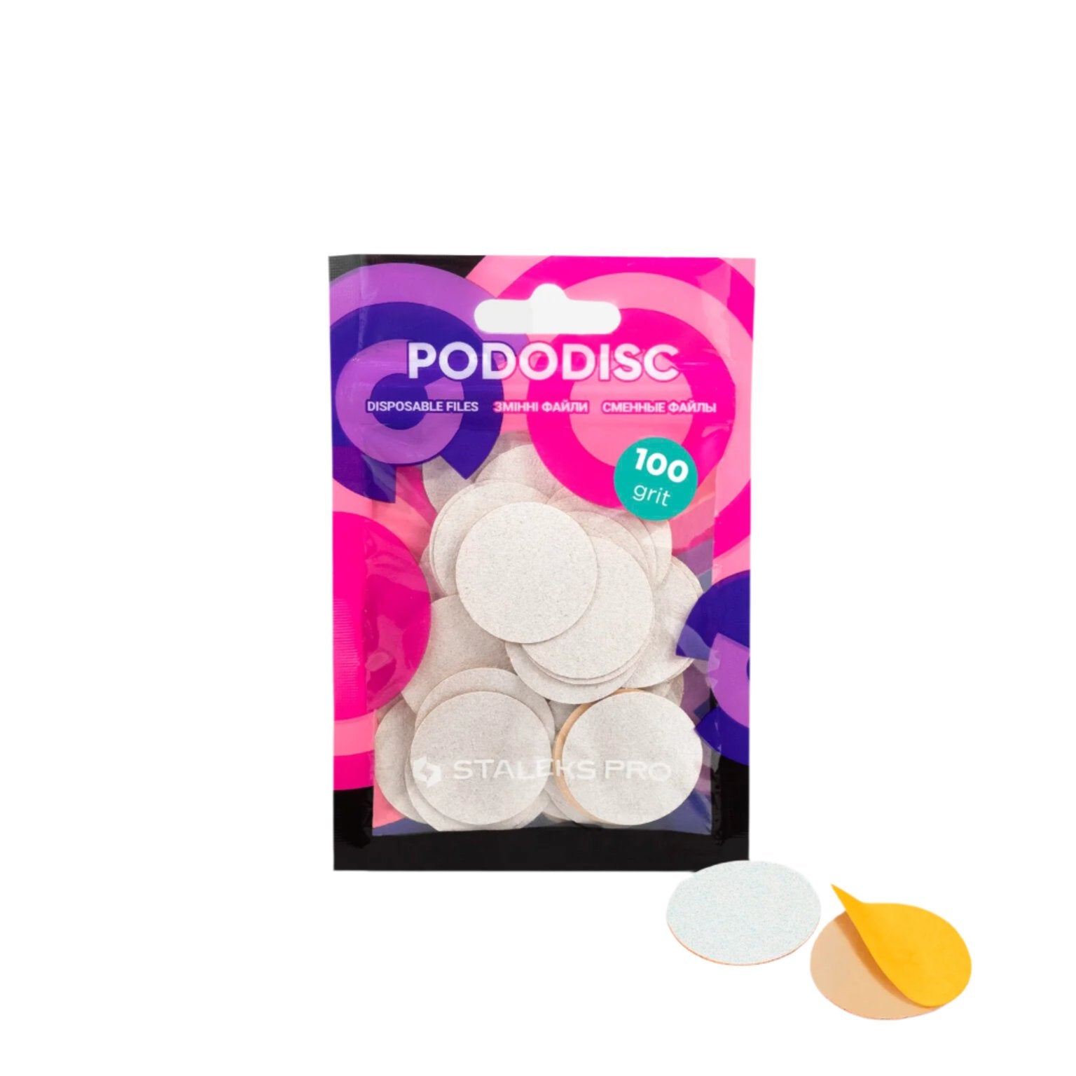 A pack of 50 Staleks STALEKS PRO Disposable files for PODODISC L EXPERT (25mm), "100 grit," with round white pedicure discs visible outside the colorful packaging.