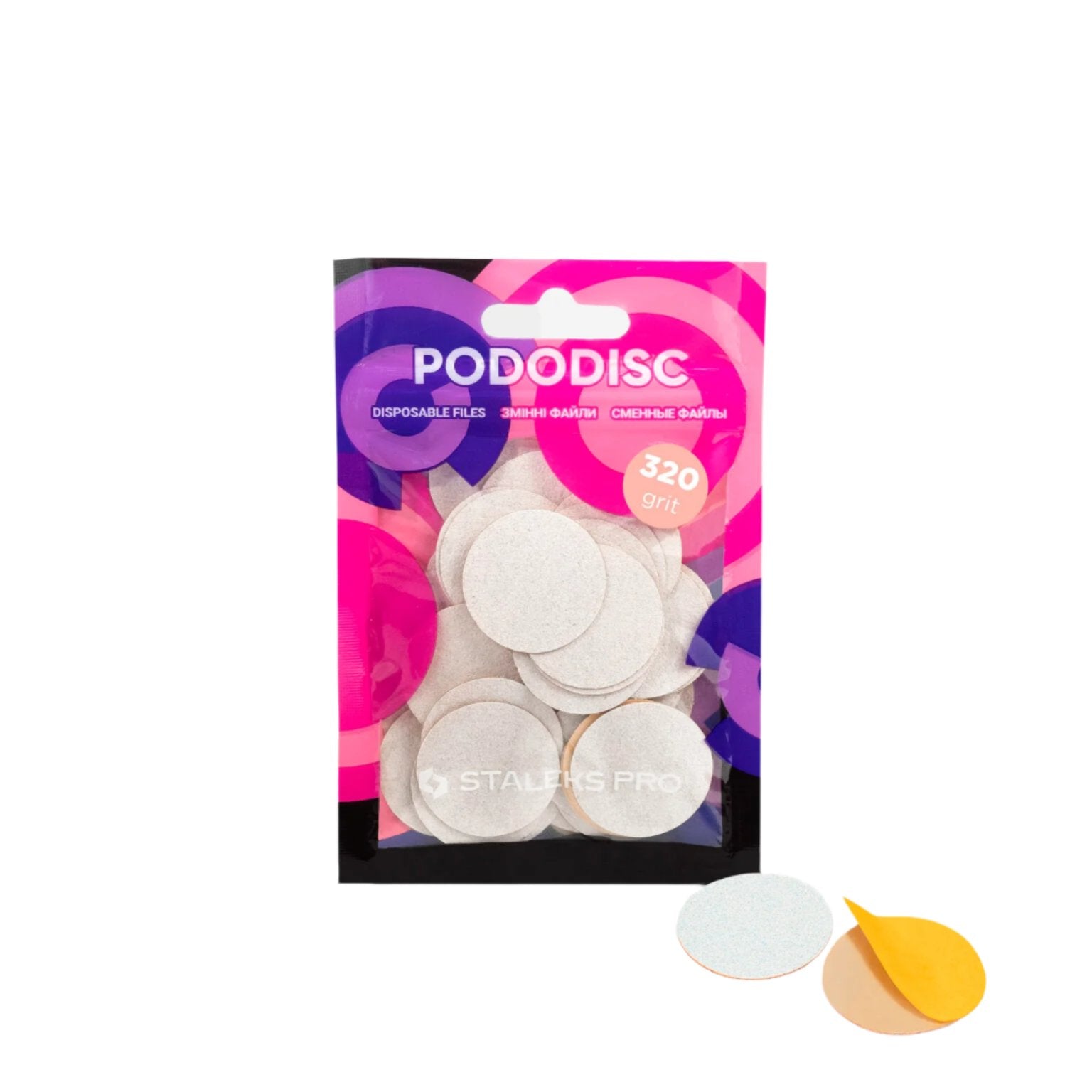 The STALEKS PRO Disposable files for pedicure disc PODODISC L EXPERT (25mm) / 50pcs by Staleks include 320 grit abrasive discs, with multiple round pads inside and two sample pads—one white, one yellow-backed—displayed outside the box.