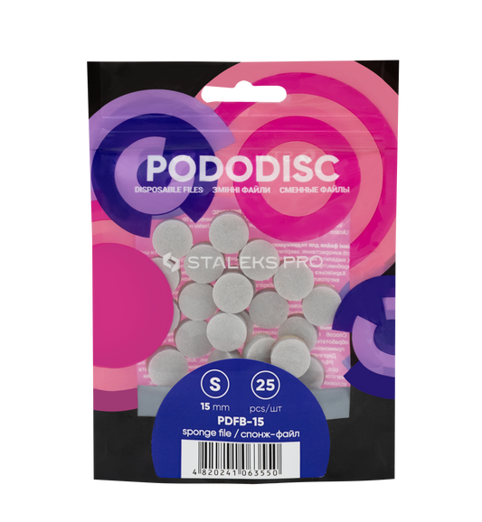 Staleks STALEKS PRO Disposable Files-Sponges for Pedicure Disc PODODISC S EXPERT 15 (25 pcs) feature a colorful pack with pink, purple, and blue circles—ideal for efficient abrasive polishing and smoother feet.