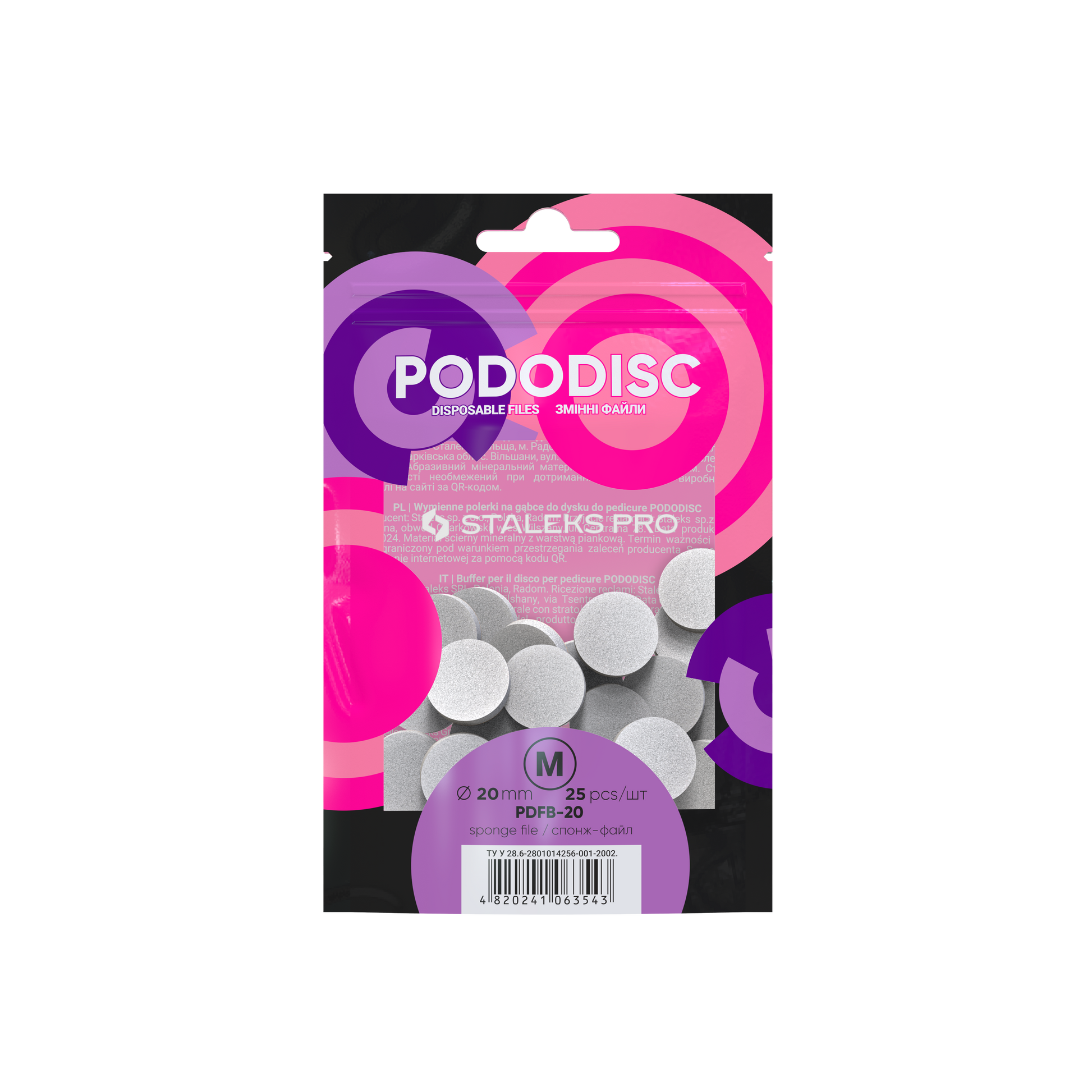 A pack of 25 Staleks STALEKS PRO Disposable Files-Sponges for Pedicure Disc PODODISC M EXPERT 20 mm ensures effective foot polishing. The packaging displays purple and pink circular patterns.
